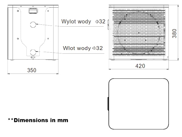 Wymiary pompy ciepła POOLSYSTEM PCP